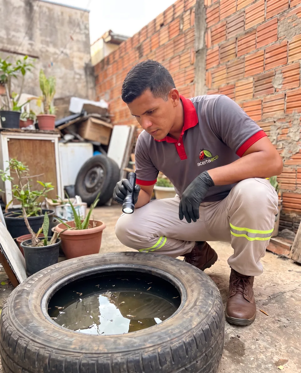 Técnico com luvas inspecionando pneu com água parada
