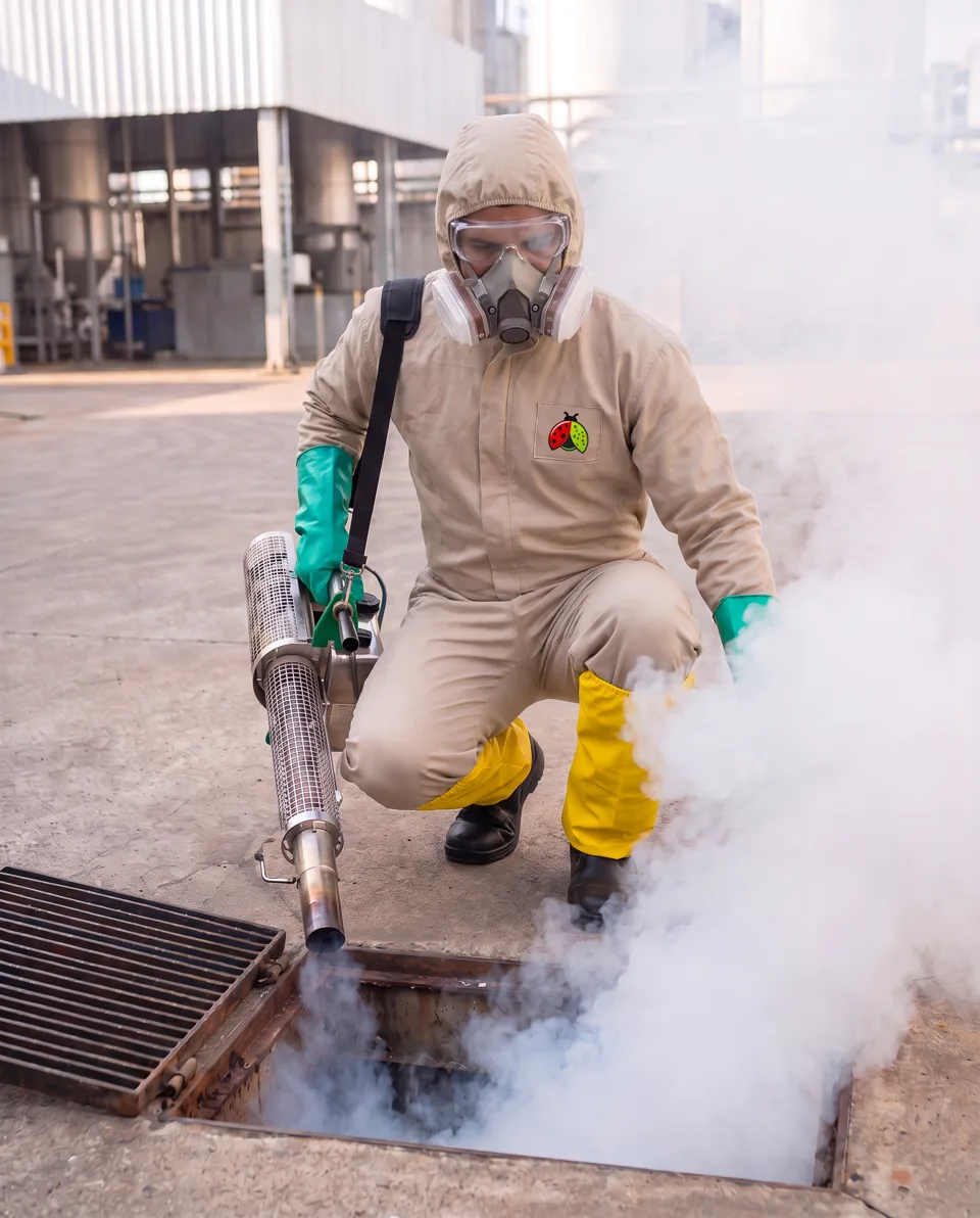 Técnico com macacão de proteção e máscara respiratória nebulizando ralo pluvial