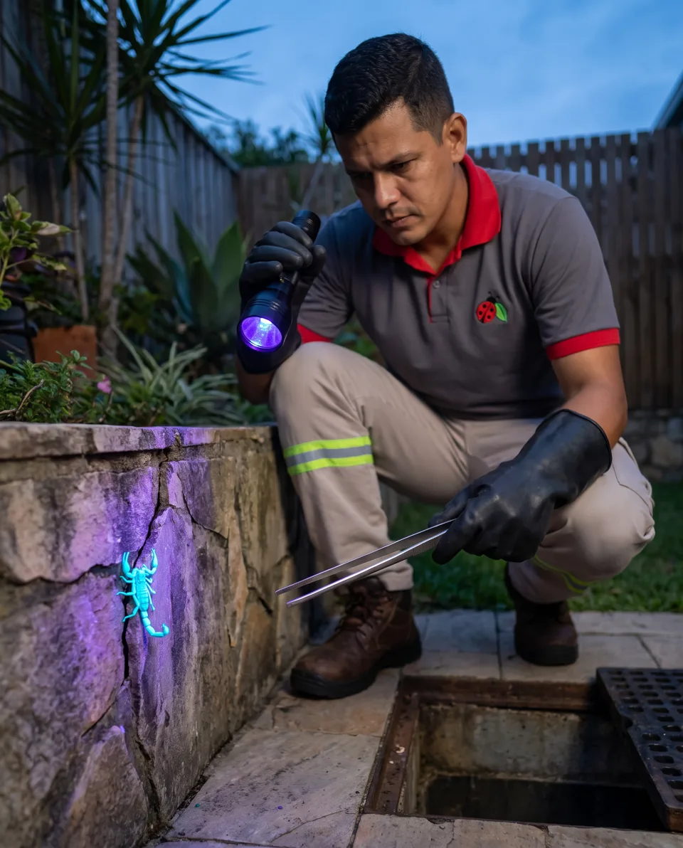 Técnico localizando escorpião com lanterna de luz ultravioleta, usando luvas