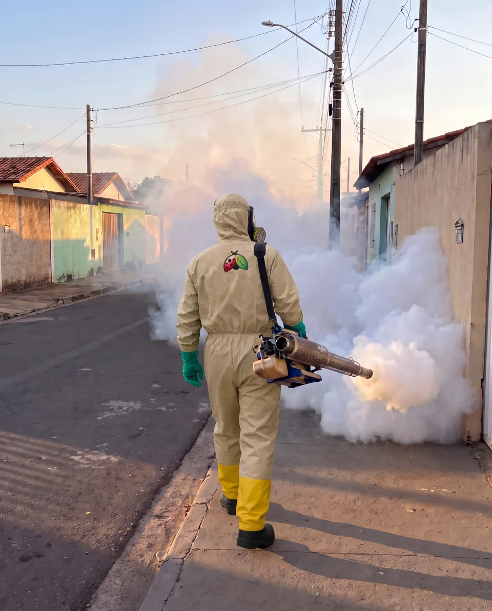 Técnico com macacão de proteção e máscara facial realizando fumacê em rua residencial