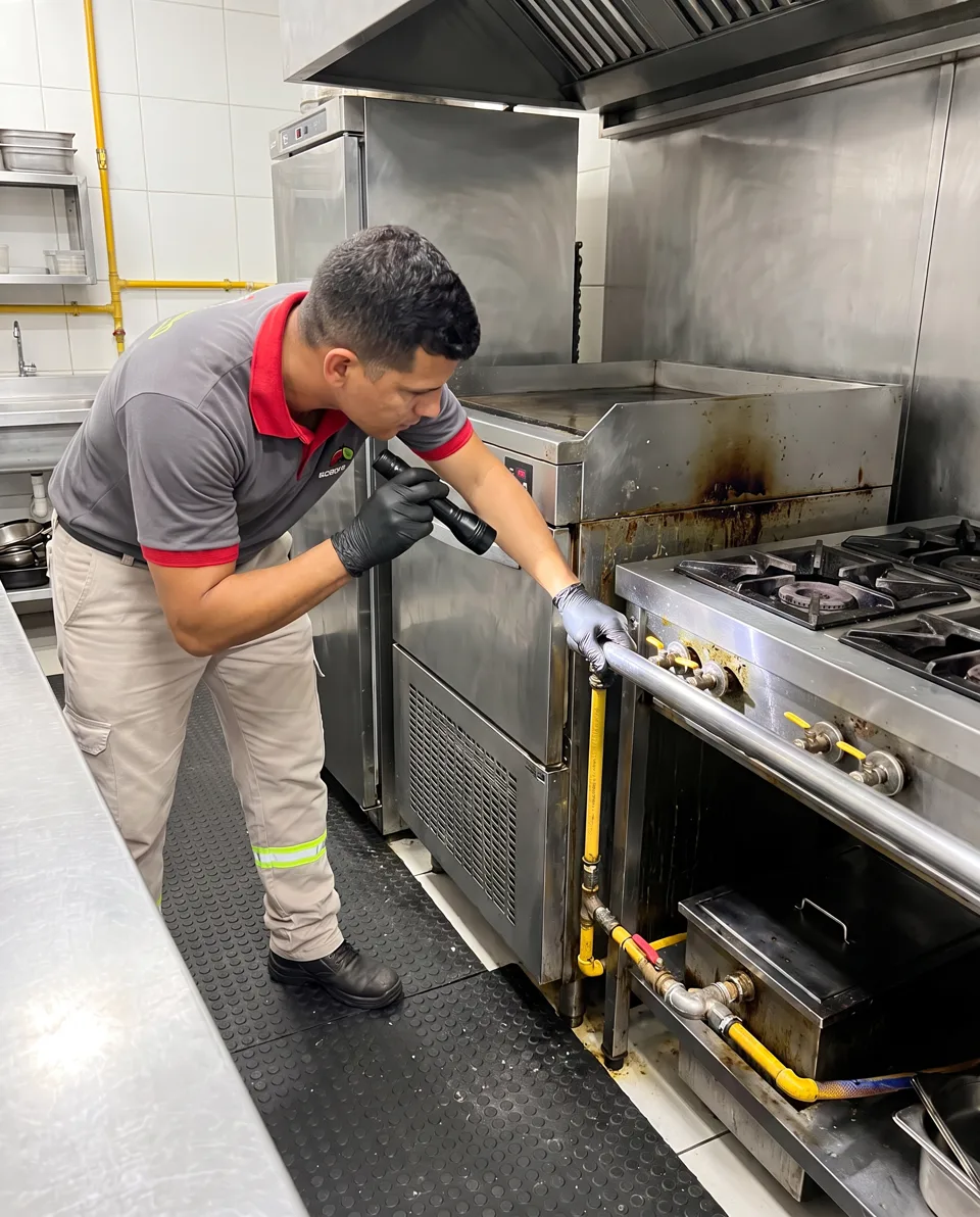 Técnico com luvas inspecionando cozinha industrial contra baratas germânicas
