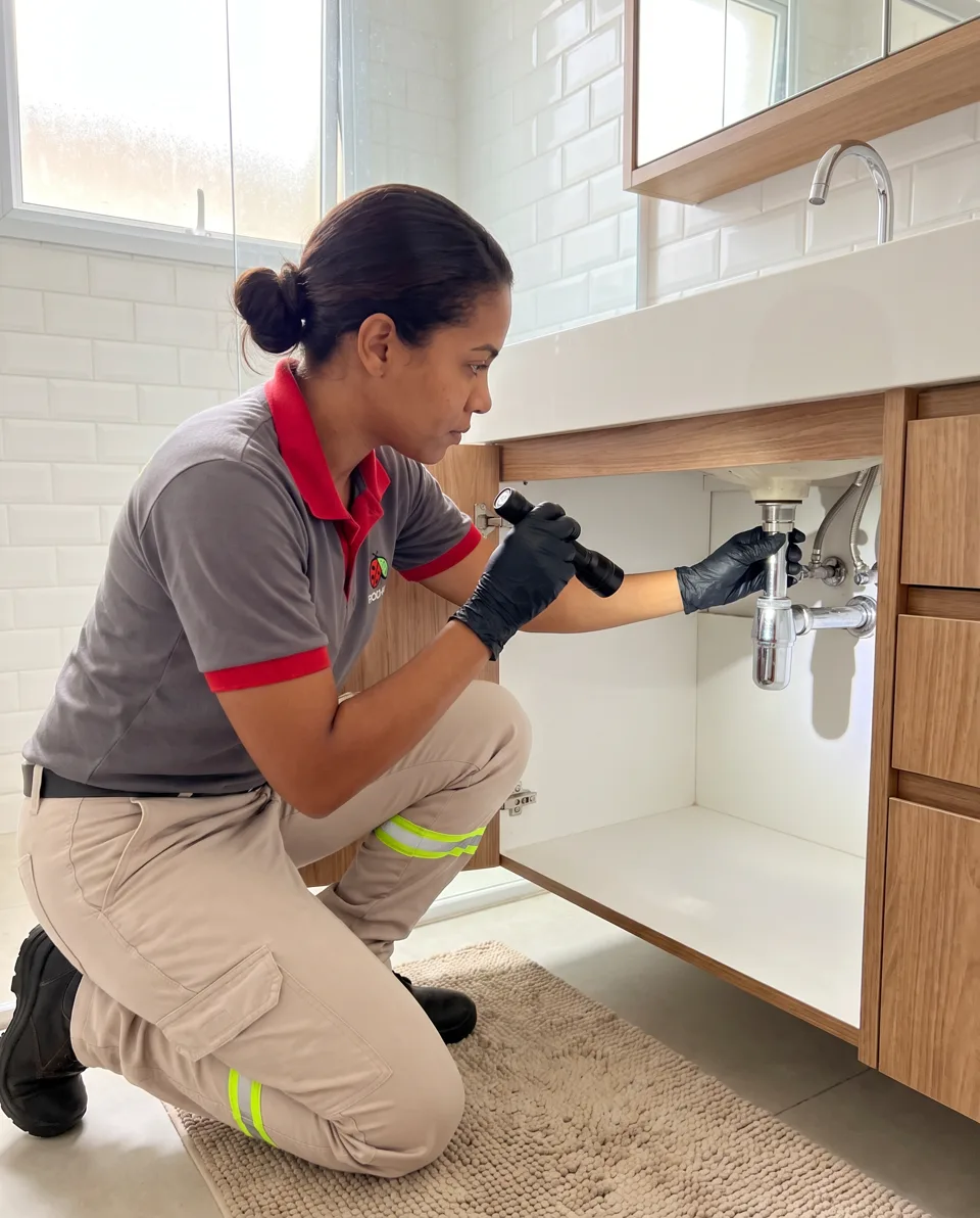 Técnica da Acerta Eco inspecionando encanamento sob a pia do banheiro, com luvas