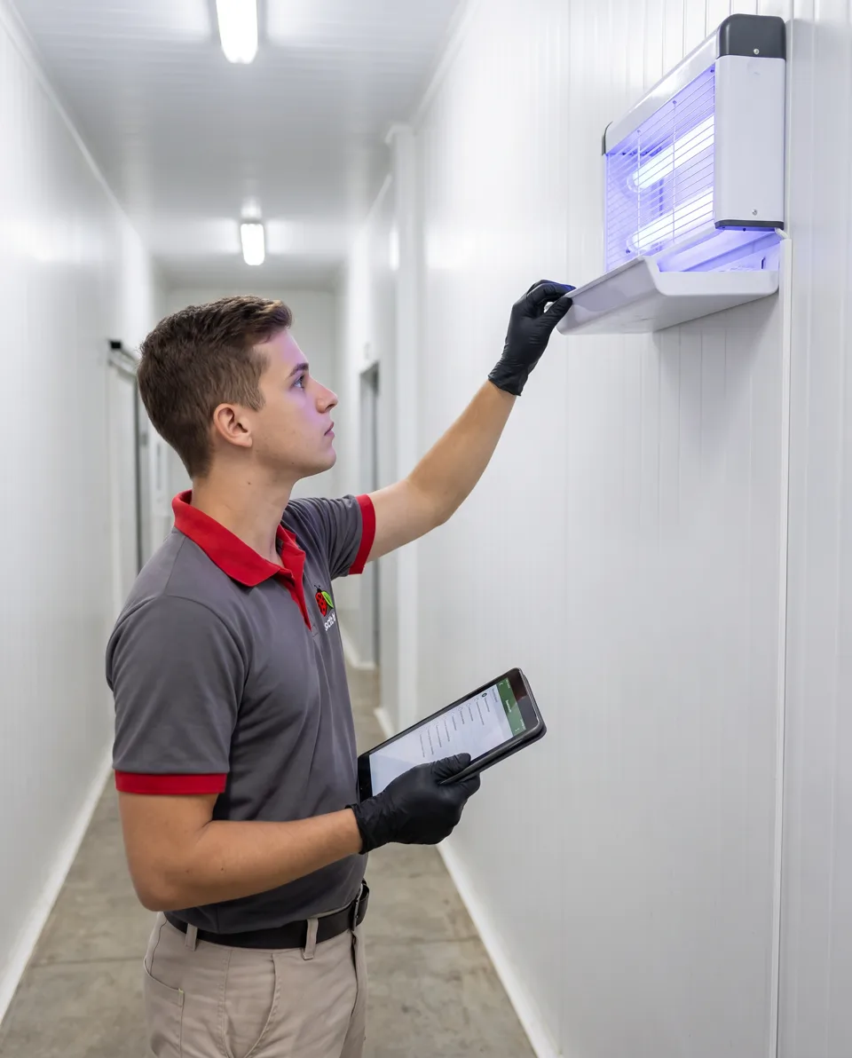 Técnico conferindo armadilha luminosa em indústria de alimentos com checklist no tablet
