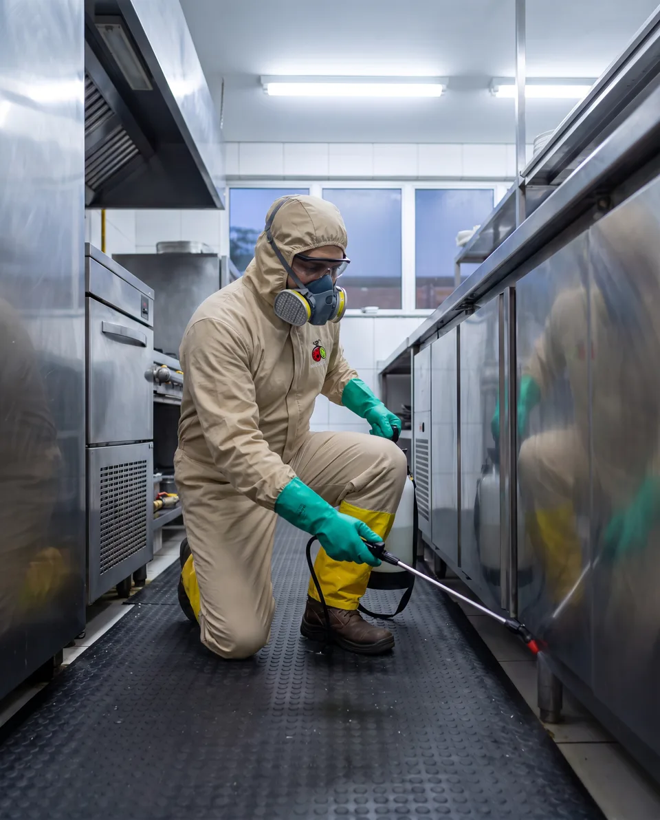 Técnico com macacão de proteção, máscara e luvas aplicando tratamento em cozinha de restaurante