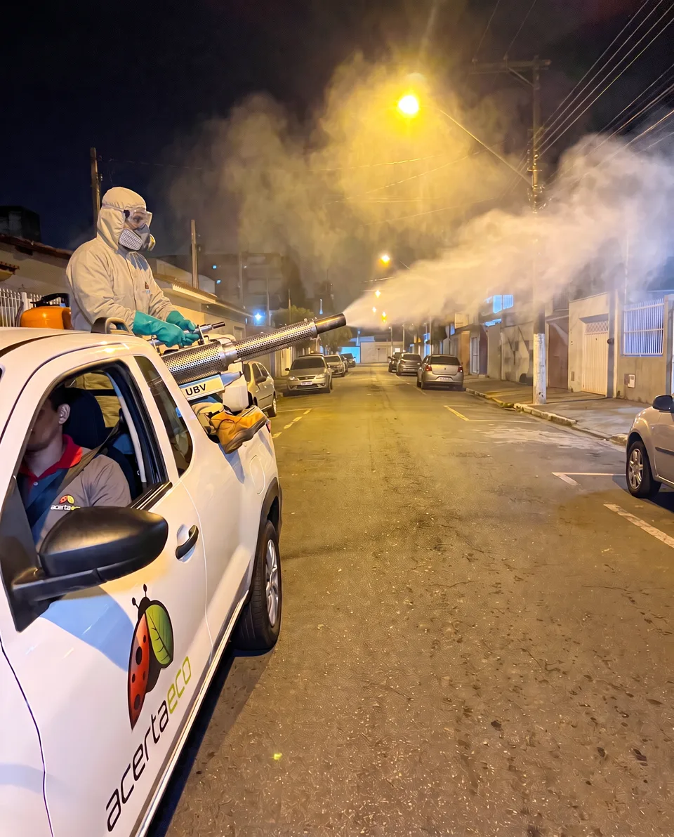 Aplicação de UBV veicular à noite com operador de macacão de proteção